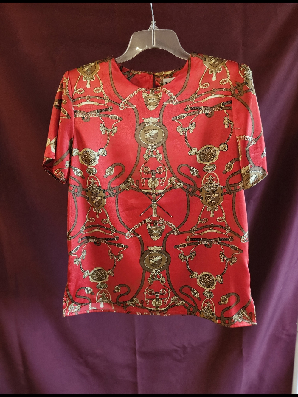 Vintage Maggie Sweet Women's Red Short-Sleeve Chain Print Satin Top